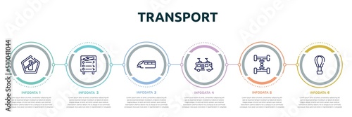 transport concept infographic design template. included no liquid, flight information, monorail, tramway, 4wd, hot air icons and 6 option or steps.