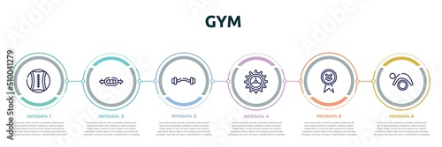 gym concept infographic design template. included medicine ball, swiss bar, ez bar, crank, down indicator, pilates icons and 6 option or steps.