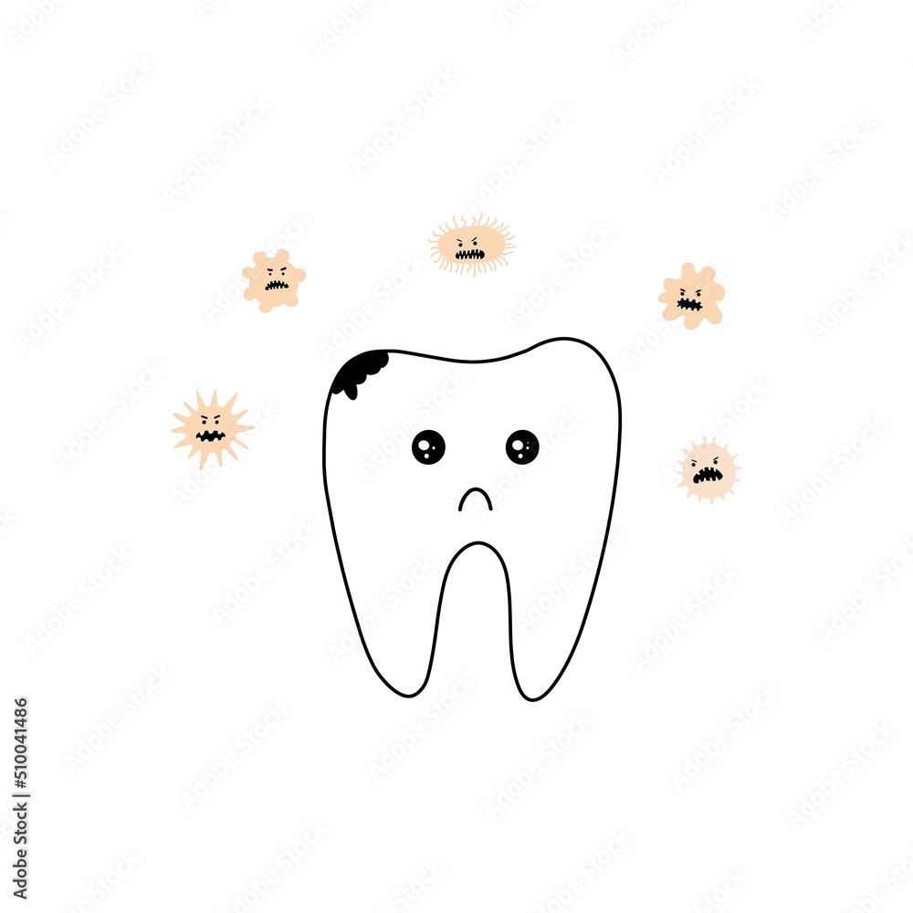 Funny Tooth with caries and microbes hand drawn vector illustration. Isolated on white background Funny Tooth with caries and microbes hand drawn vector illustration. Isolated on white background
