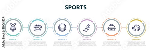 sports concept infographic design template. included bronze, vaulting horse, yoga ball, paralympics, tackle box, swimming hat icons and 6 option or steps.