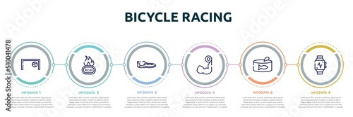 bicycle racing concept infographic design template. included football goal, calories, soccer boots, biceps curl, tuna can, pulsometer icons and 6 option or steps. photo