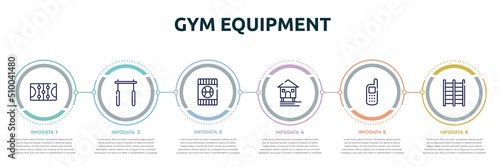 gym equipment concept infographic design template. included ice court, horizontal bar, blue card, stilt house, variometer, trellis icons and 6 option or steps.