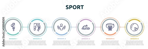 sport concept infographic design template. included crocket, abseiling, bodybuilder, go kart, basketball hoop, bowling ball icons and 6 option or steps.