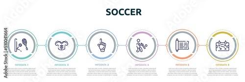 soccer concept infographic design template. included squash, protections, foam hand, batter, sacred scriptures, tactic icons and 6 option or steps.