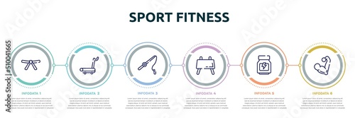 sport fitness concept infographic design template. included black belt, treadmill hine, fishing line, buck, whey protein, muscular icons and 6 option or steps.