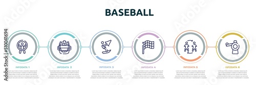 baseball concept infographic design template. included zorbing, catcher mask, kitesurf, race flag, substitute, pitching hine icons and 6 option or steps.