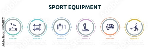 sport equipment concept infographic design template. included handbrake, bench press, null, boxing shoe, burnout, hammer throwing icons and 6 option or steps.