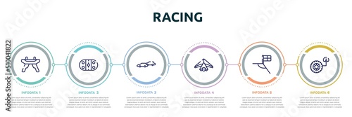 racing concept infographic design template. included pommel horse, arena, chase, hang gliding, football flag, tire pressure icons and 6 option or steps.