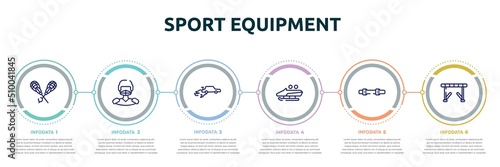 sport equipment concept infographic design template. included lacrosse, hockey player, autocross, bobsled, diving belt, hurdle icons and 6 option or steps.
