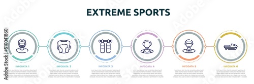 extreme sports concept infographic design template. included rugby player, headgear, gas cilinder, waterpolo player, polo player, speedboat icons and 6 option or steps.