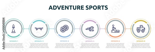 adventure sports concept infographic design template. included chesspiece, longboard, pit, apex, farming and gardening, off road icons and 6 option or steps.