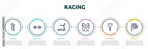 racing concept infographic design template. included golf caddy, barbell, cardio, protector, padel, victory lap icons and 6 option or steps.