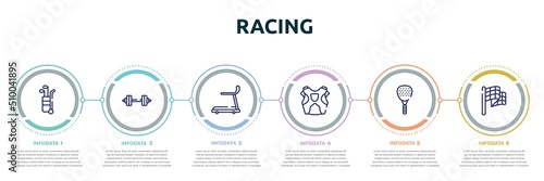 racing concept infographic design template. included golf caddy, barbell, cardio, protector, padel, victory lap icons and 6 option or steps.
