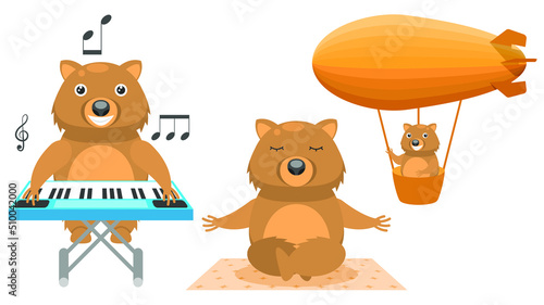 Set Abstract Collection Flat Cartoon Different Animal Wombats Flying In An Airship, Plays The Synthesizer, Meditating On The Carpet Vector Design Fauna Wildlife