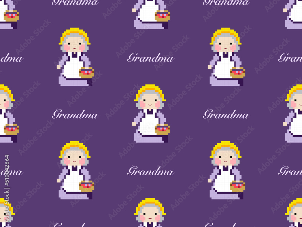 Fototapeta premium Grandmother cartoon character seamless pattern on purple background. Pixel style