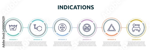 indications concept infographic design template. included 30 degree laundry, shield, sos warning, no shoes, any bleach, car rental icons and 6 option or steps.