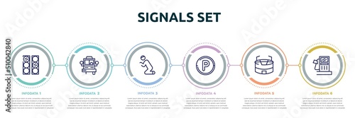 signals set concept infographic design template. included semaphore lights, bus front with driver, praying, parking hexagonal, big stadium, fuel oil bomb service icons and 6 option or steps.