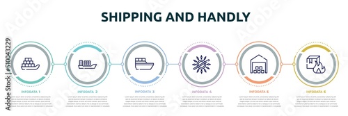 shipping and handly concept infographic design template. included sea ship with containers, cargo boat, sea ship, no sunlight, distribution center, flammable box icons and 6 option or steps.