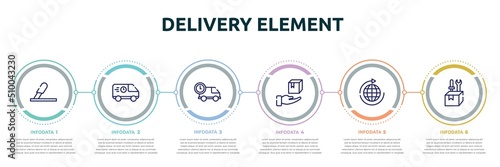 delivery element concept infographic design template. included use cutter, food logistics, logistics times, delivery package, distribution, construction and tools icons and 6 option or steps.