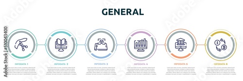 general concept infographic design template. included inauguration, distance learning, ar presentation, ar graph, digital banking, crypto-exchange icons and 6 option or steps.