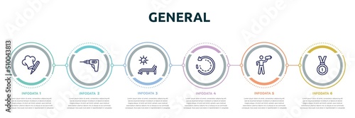 general concept infographic design template. included chef hat with a pencil, perforator, deck chair under the sun, clockwise, leader with loudspeaker, win icons and 6 option or steps.