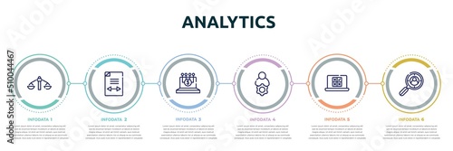 analytics concept infographic design template. included feasibility, gap, digital finance, administrator, online voting, headhunting icons and 6 option or steps.