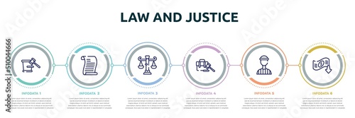 law and justice concept infographic design template. included court trial, scroll with law, business law, employment, prisioner, bankruptcy icons and 6 option or steps.