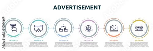 advertisement concept infographic design template. included subscription, web crawler, diagram folder, creative plan, circular clock, discount voucher icons and 6 option or steps.