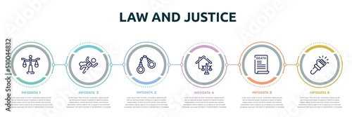 law and justice concept infographic design template. included justice scale, crime scene, criminal law, real estate law, death certificate, violence icons and 6 option or steps.