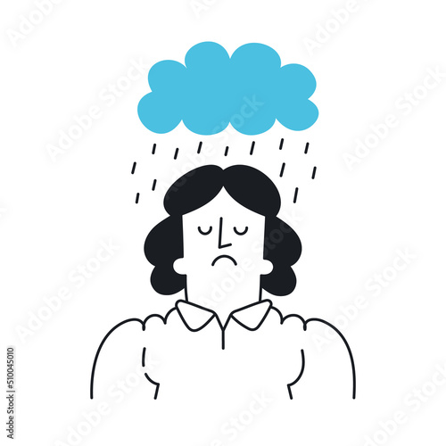 Sad woman with raincloud above her head. Bad mood, depressive thoughts, sadness. Outline, linear, thin line, doodle art. Simple style with editable stroke.