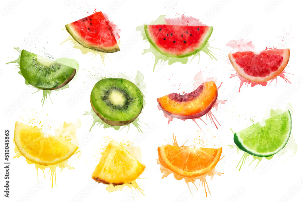 Set of watercolor fresh summer illustrations of kiwi, watermelon, peach, lemon, pineapple, orange, lime and grapefruit. Isolated illustrations on a white background, for postcards, patterns, and text Set of watercolor fresh summer illustrations of kiwi, watermelon, peach, lemon, pineapple, orange, lime and grapefruit. Isolated illustrations on a white background, for postcards, patterns, and text