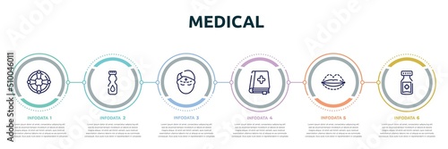 medical concept infographic design template. included life saver, talcum powder, forehead, medicine book, sil, medicine jar icons and 6 option or steps.