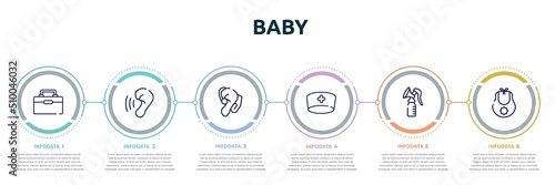 baby concept infographic design template. included organ container, hearing, hearing aid, doctor cap, breast pump, baby bib icons and 6 option or steps.