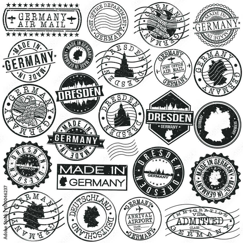 Dresden Germany Set of Stamp. Vector Art Postal Passport Travel Design. Travel and Business Seals.