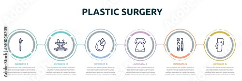 plastic surgery concept infographic design template. included pike pole, baby walker, type a, augmentation, dental hook, butt icons and 6 option or steps.