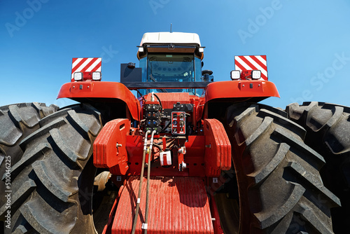 Rear view of a large modern tractor.