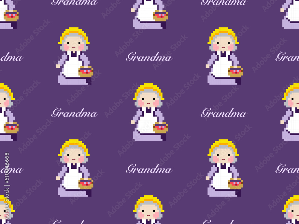 Grandmother cartoon character seamless pattern on purple background. Pixel style Grandmother cartoon character seamless pattern on purple background. Pixel style