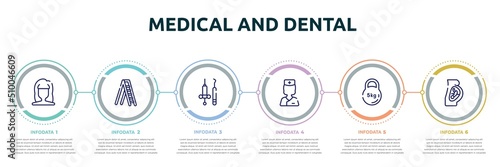 medical and dental concept infographic design template. included woman dark long hair shape, mechanical ladder, dentist tools, nurses, kettlebell, fetus icons and 6 option or steps.