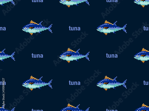 Tuna cartoon character seamless pattern on blue background. Pixel style