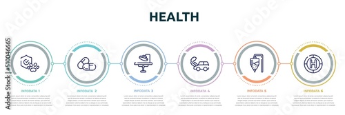 health concept infographic design template. included pet insurance, large pill, operating room, car crash, medicine hanging bag, heliport icons and 6 option or steps. photo
