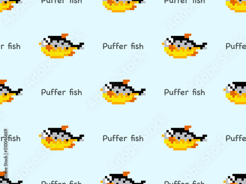 Puffer fish cartoon character seamless pattern on blue background. Pixel style