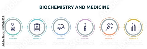 biochemistry and medicine concept infographic design template. included injury, medical record, ecg, periodontal scaler, insemination, instruments icons and 6 option or steps.