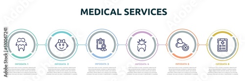 medical services concept infographic design template. included dental crown, baby girl, medical certificate, toothache, allergenic, examination icons and 6 option or steps.