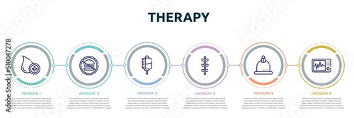 therapy concept infographic design template. included donor, no junk food, drop counter, lupin, cupping, icu icons and 6 option or steps.