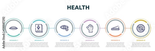 health concept infographic design template. included soya, childrens stories, conjunctivitis, rash, soy, antibacterial icons and 6 option or steps.