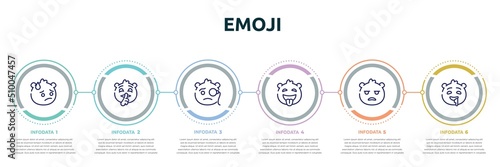 emoji concept infographic design template. included embarrassed emoji, quiet emoji, monocle tongue out bored drool icons and 6 option or steps.