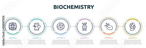 biochemistry concept infographic design template. included vitruvian man, medical app, ovule, antique, organ, artificial icons and 6 option or steps.