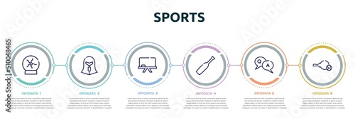 sports concept infographic design template. included plasma ball, spartan, chalkboard, baseball bat, qa, table tennis icons and 6 option or steps.