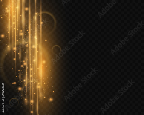 Golden neon lines, beautiful rays, explosion of stars, dust on a transparent background.