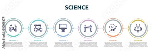 science concept infographic design template. included testing glasses, golf cart, basketball equipment, traffic barrier, school bell, icons and 6 option or steps.